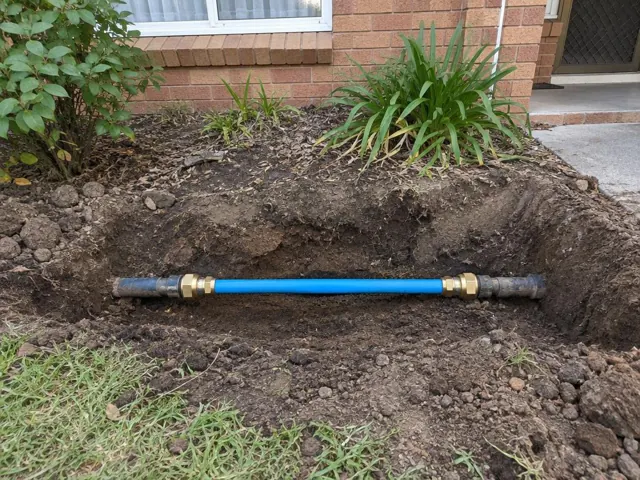 Exposed blue repaired water pipe in a trench beside a brick house in Illawong