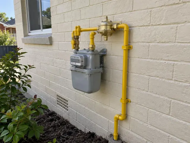 Exterior gas meter and new yellow pipework on a brick wall with a window in Sutherland
