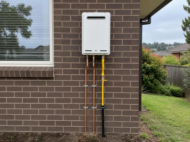 Wall-mounted hot water unit with copper pipework on a brick house exterior in Bangor