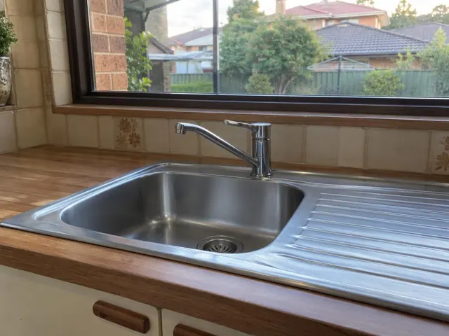 Stainless steel kitchen sink with new mixer tap on a timber benchtop, tiled backsplash and window in Bangor